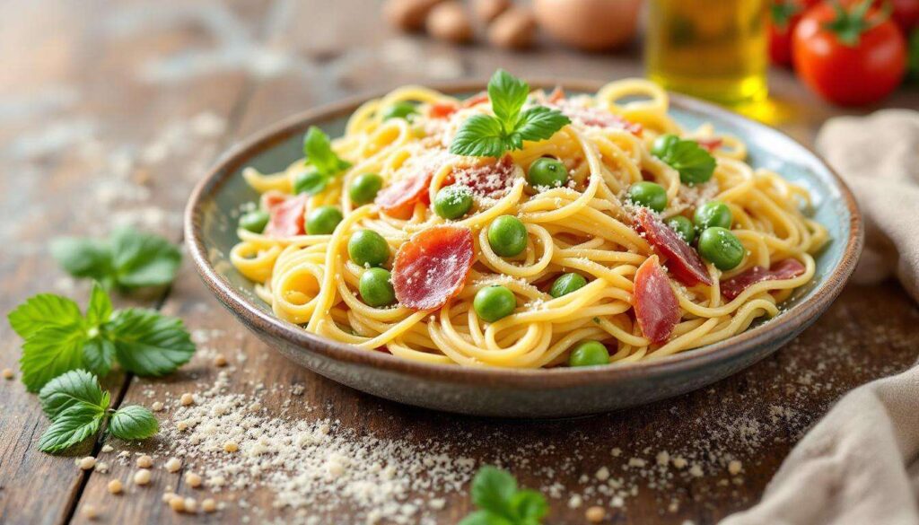 Pasta panna prosciutto e piselli ricetta primo piatto veloce