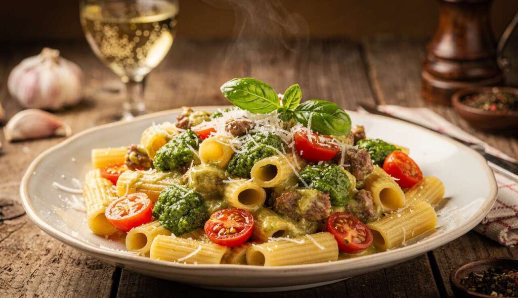 Pasta salsiccia e pomodorini: cremosa in padella con un cucchiaio di pesto