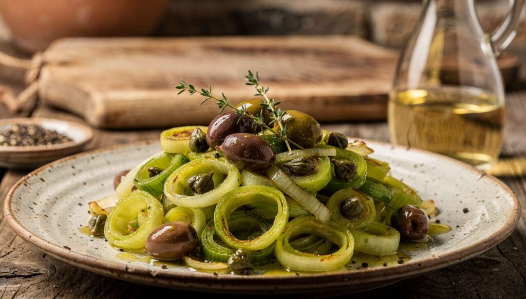 Porri in padella profumati con olive taggiasche e capperi, gustosi